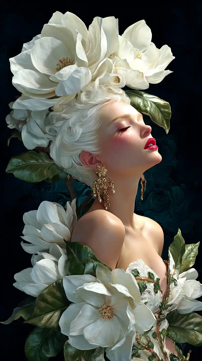 Mujer surrealista de cabello blanco con tocado floral de magnolias