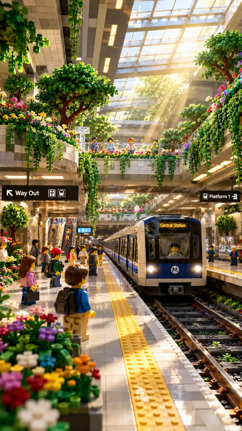 Estación de metro Lego con frondoso jardín subterráneo y luz solar