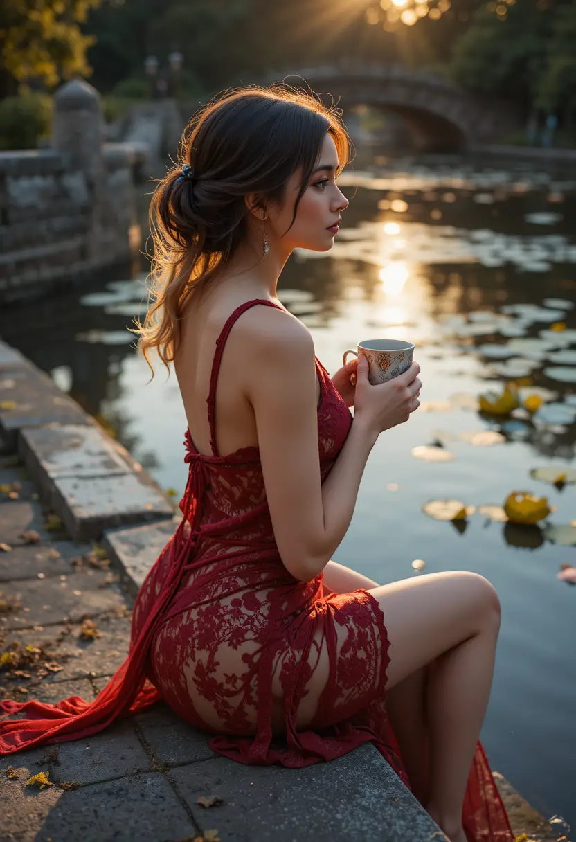 Donna in négligé rosso all’alba presso un canale tranquillo