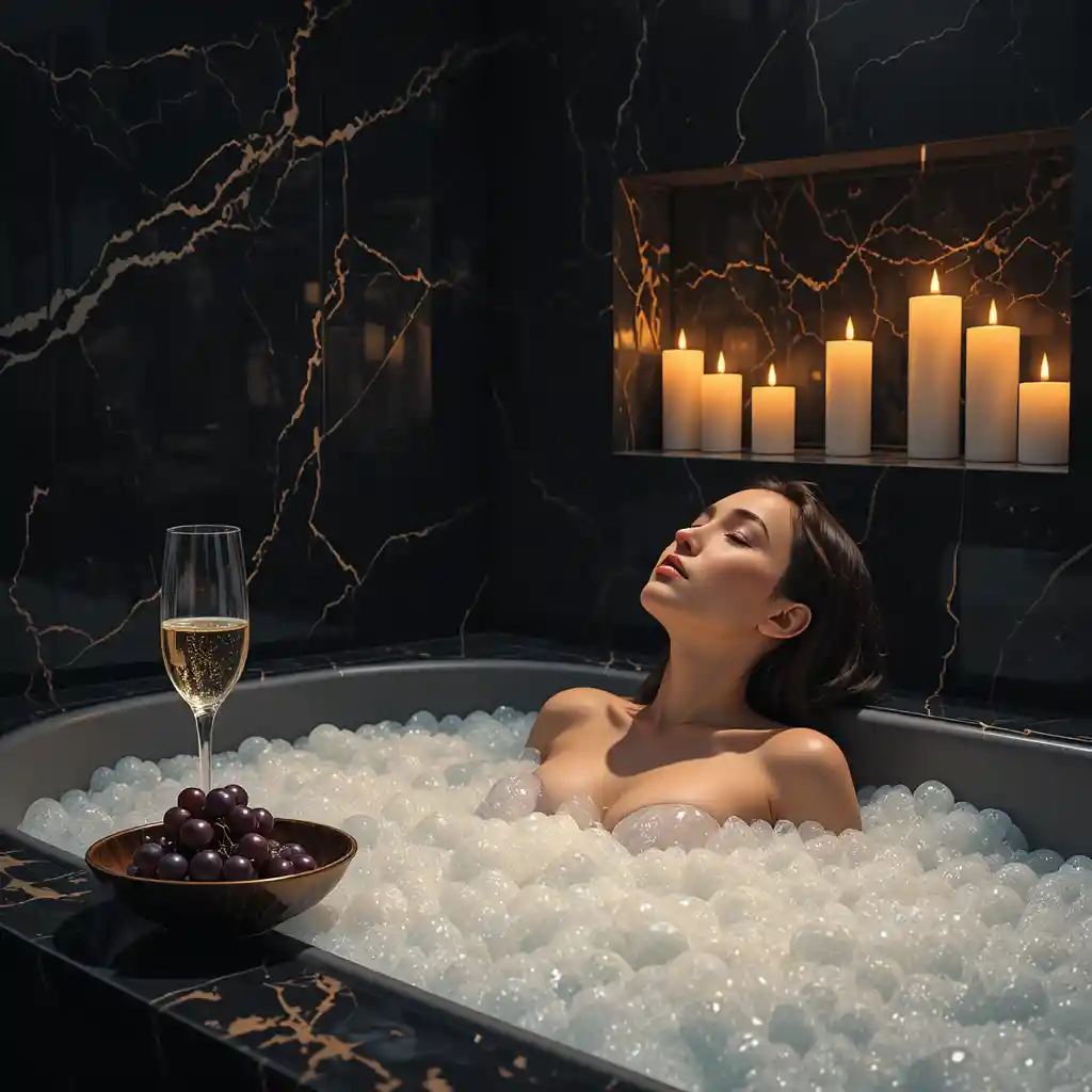 Mujer en baño a la luz de las velas con vino y uvas