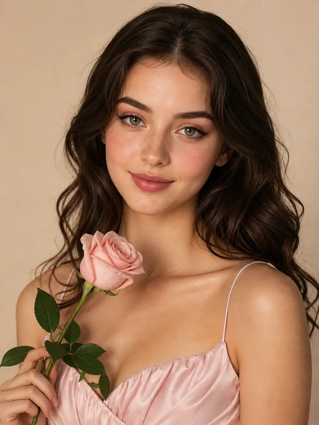 Joven mujer con vestido rosa sosteniendo una sola rosa