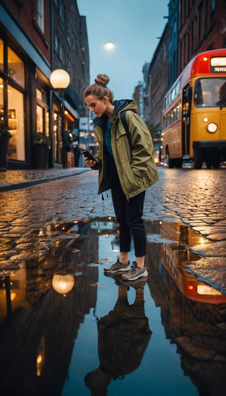 Mujer fotografiando reflejos de neón en una calle mojada