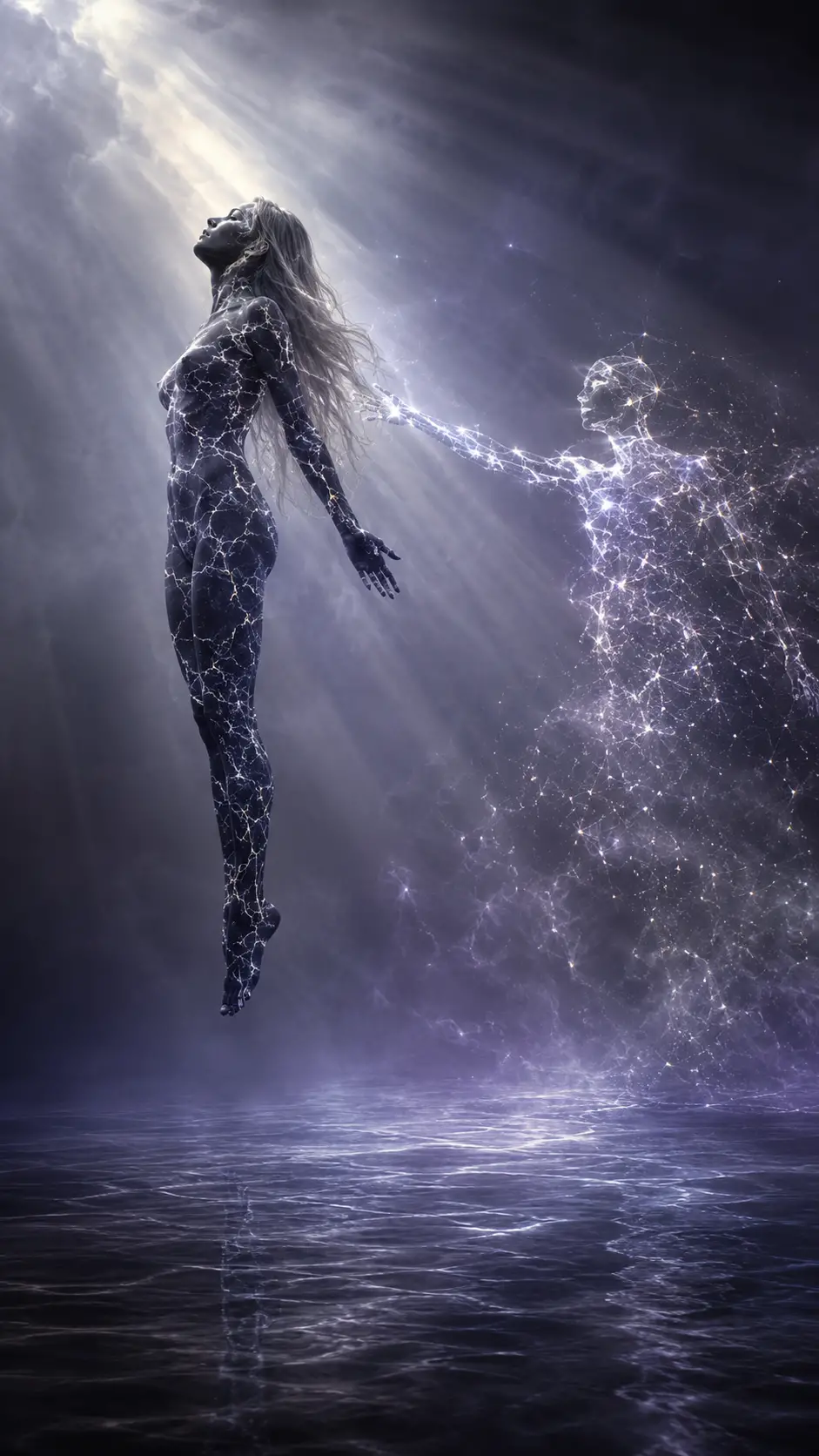 Surreal woman and ethereal figure in misty light