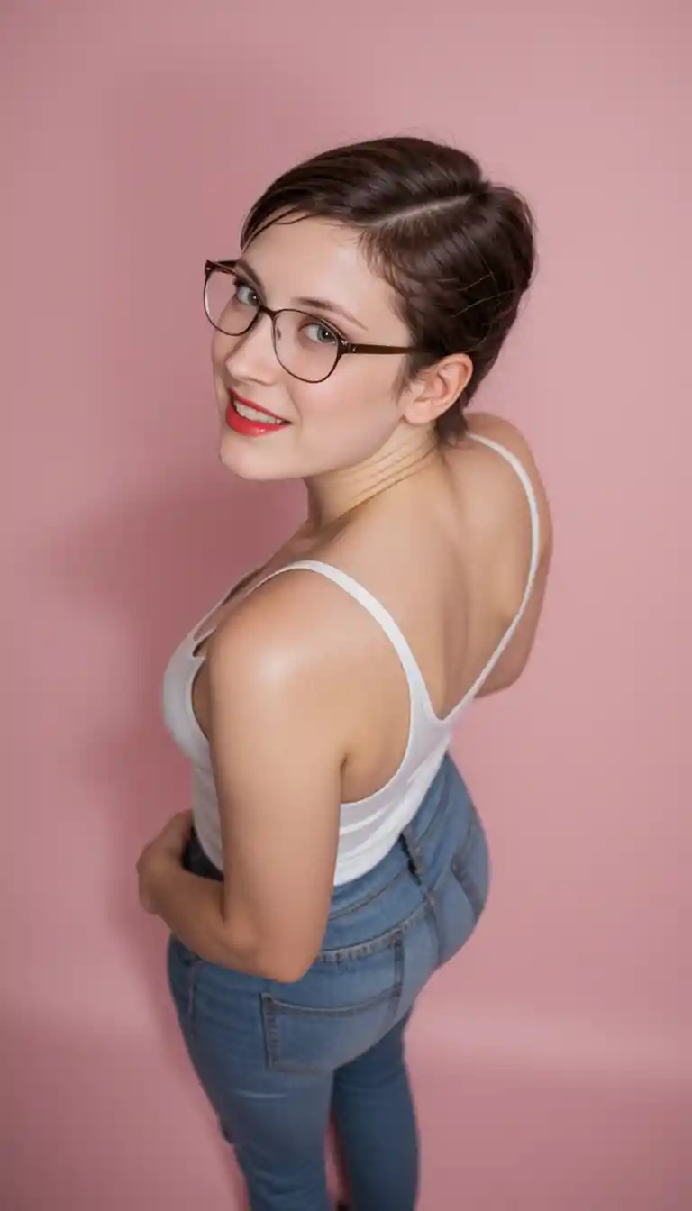 Draufsicht auf eine glamouröse Frau in Jeans und Tanktop