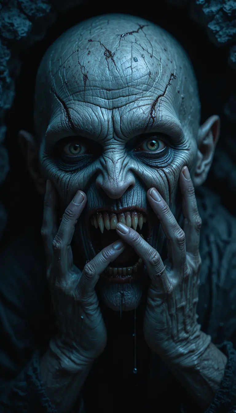 Ancient undead creature screaming from a shadowy cave
