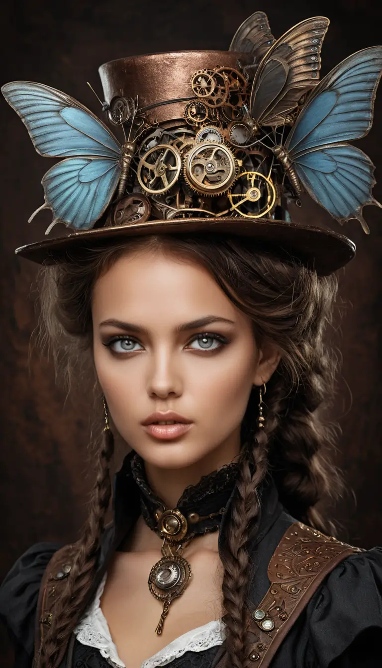 Surreal close up portrait of an ethereal steampunk woman