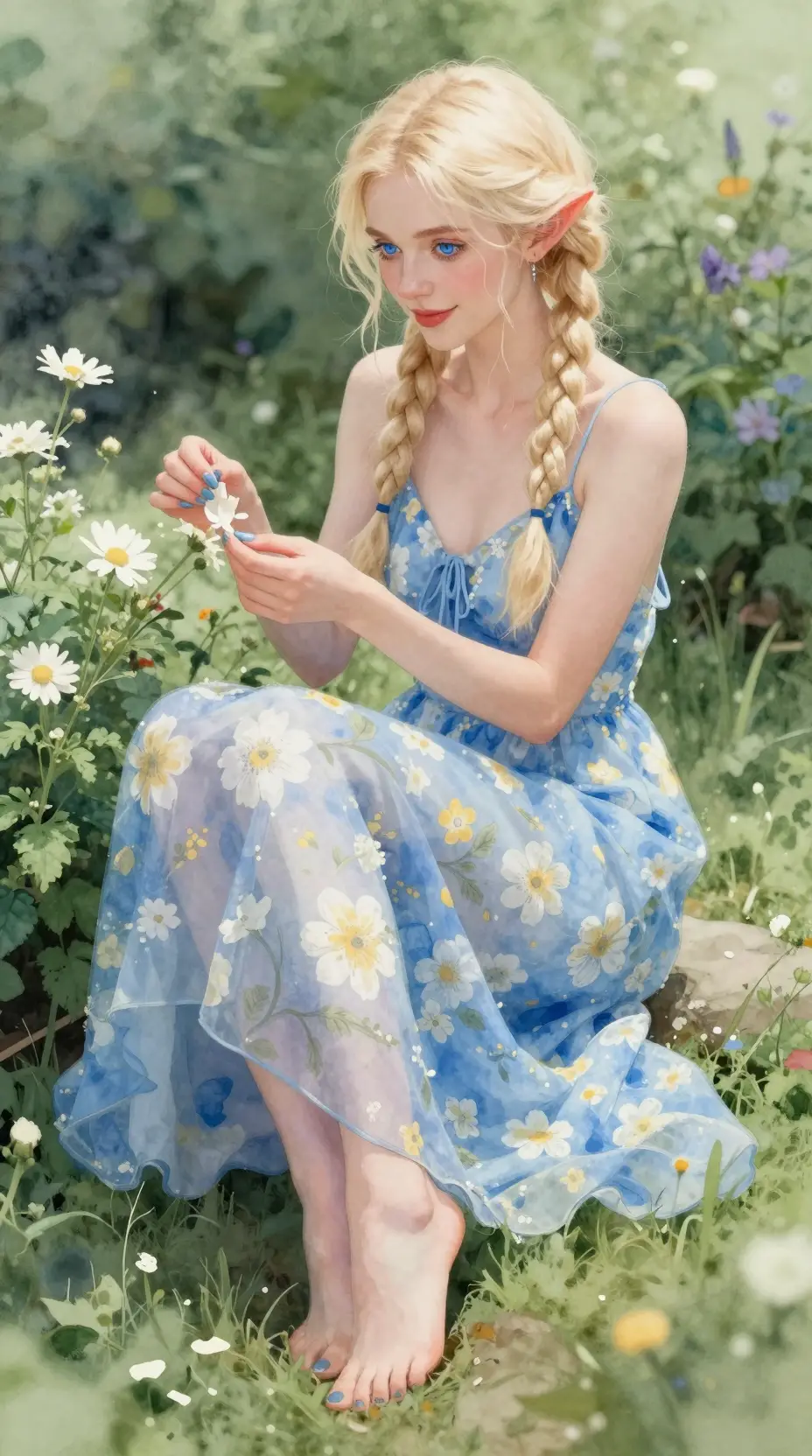 Mujer tiefling de fantasía relajándose descalza en un jardín de flores