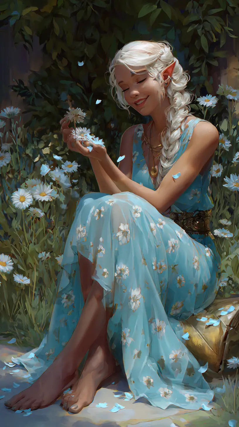 Mujer tiefling con vestido azul floral sentada en un jardín
