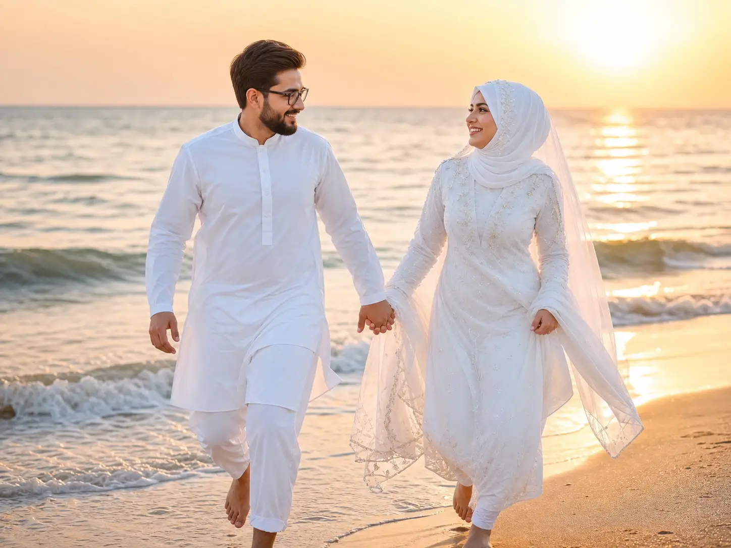 Bride and groom running hand in hand at golden hour beach
