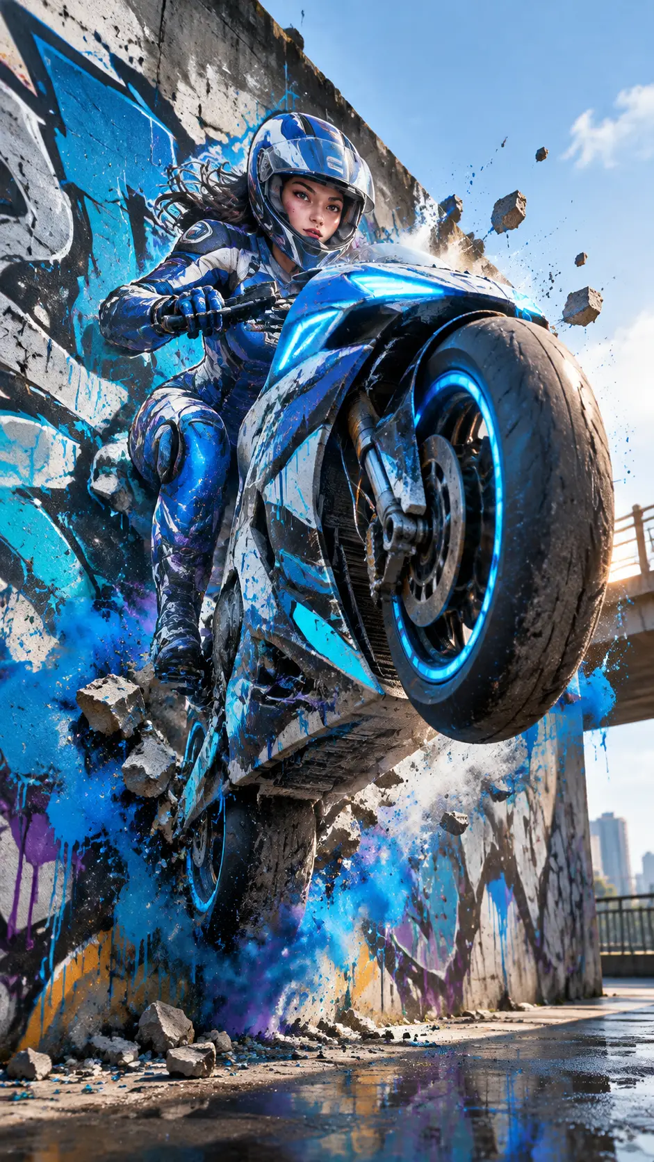 Graffiti Woman On Futuristic Motorcycle Bursting From City Wall