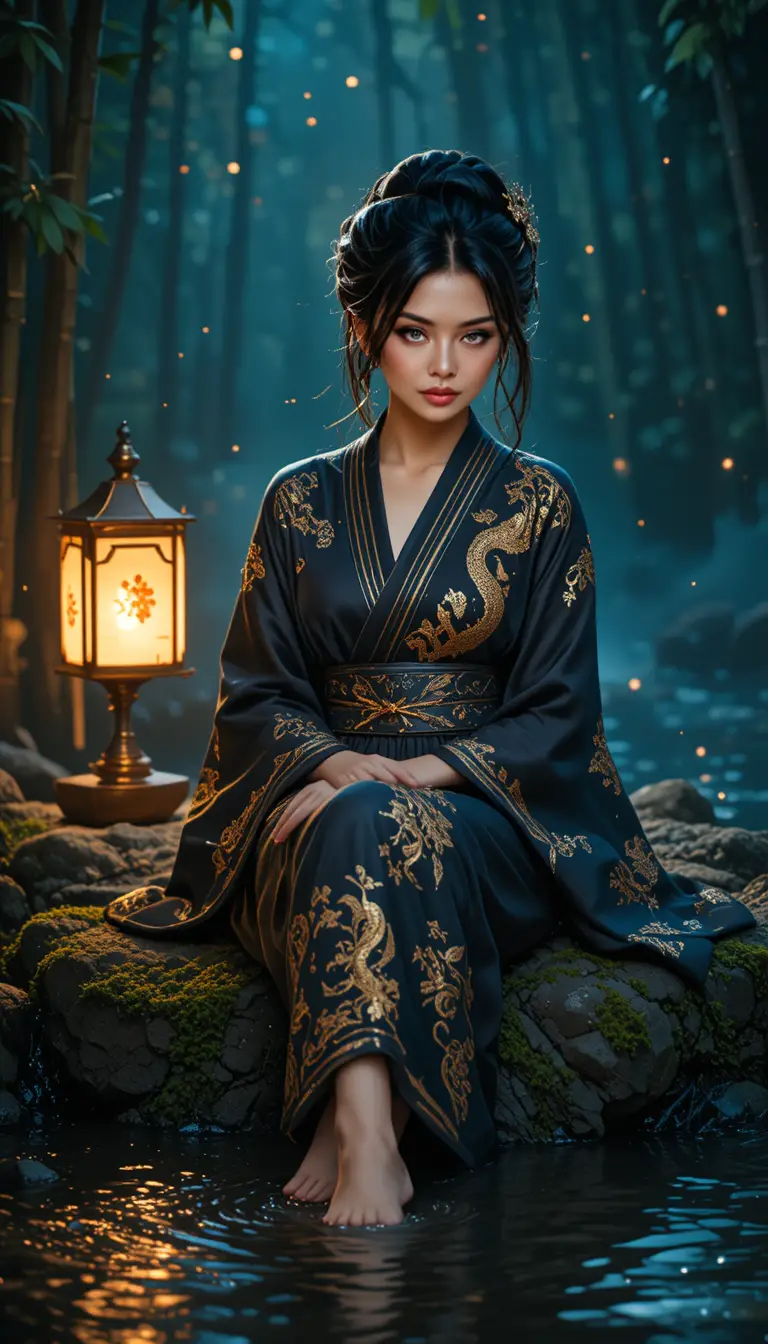 Elegant woman in black kimono by a moonlit forest pond