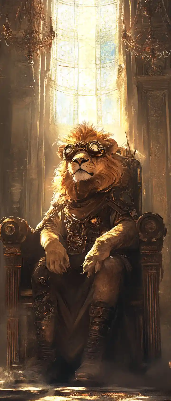 Regal steampunk lion on a throne in a ruined ballroom