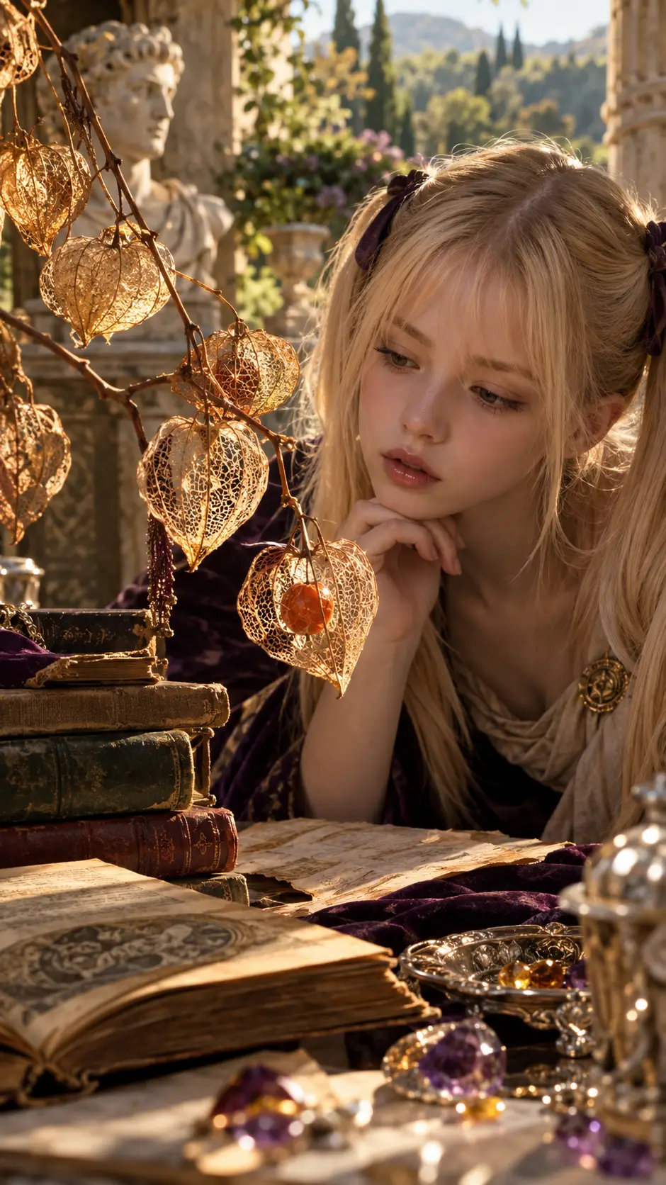 Girl in Roman study with dried lantern flowers