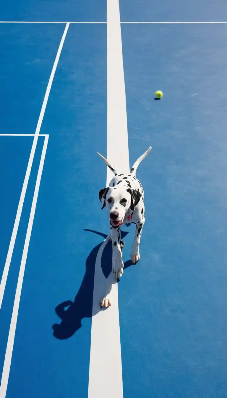 Dalmatian sprinting across blue tennis court from above