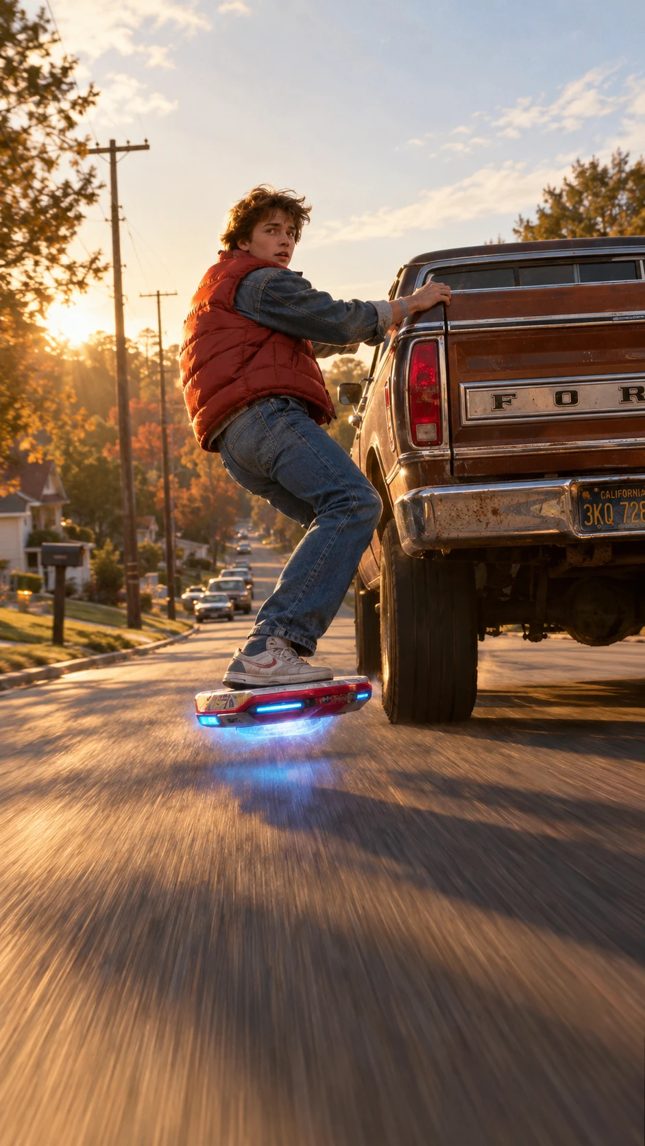 Adolescent sur hoverboard tiré par un pickup vintage