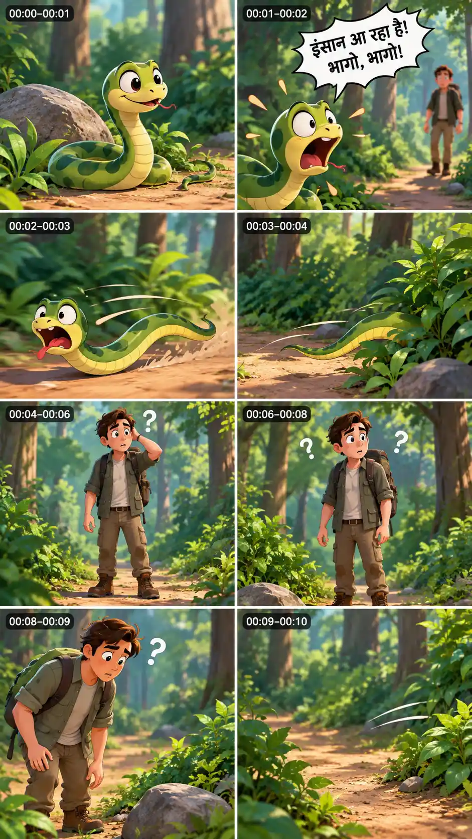 Serpiente caricaturesca y juguetona en pánico en un bosque colorido