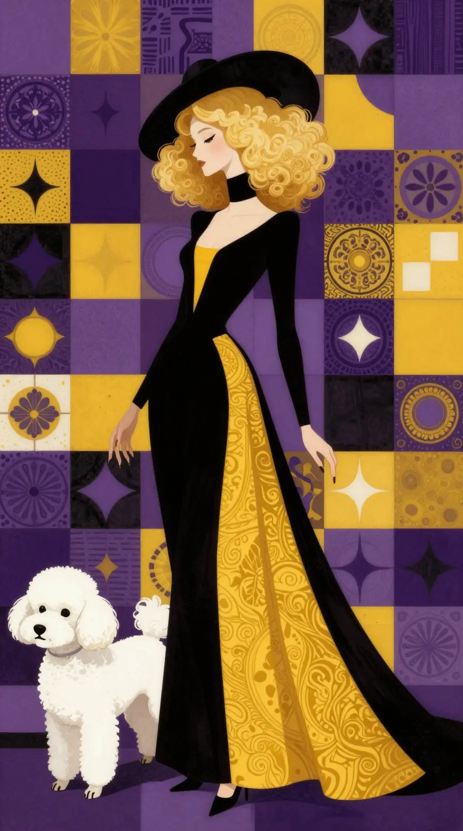 Mujer elegante con caniche sobre fondo geométrico atrevido