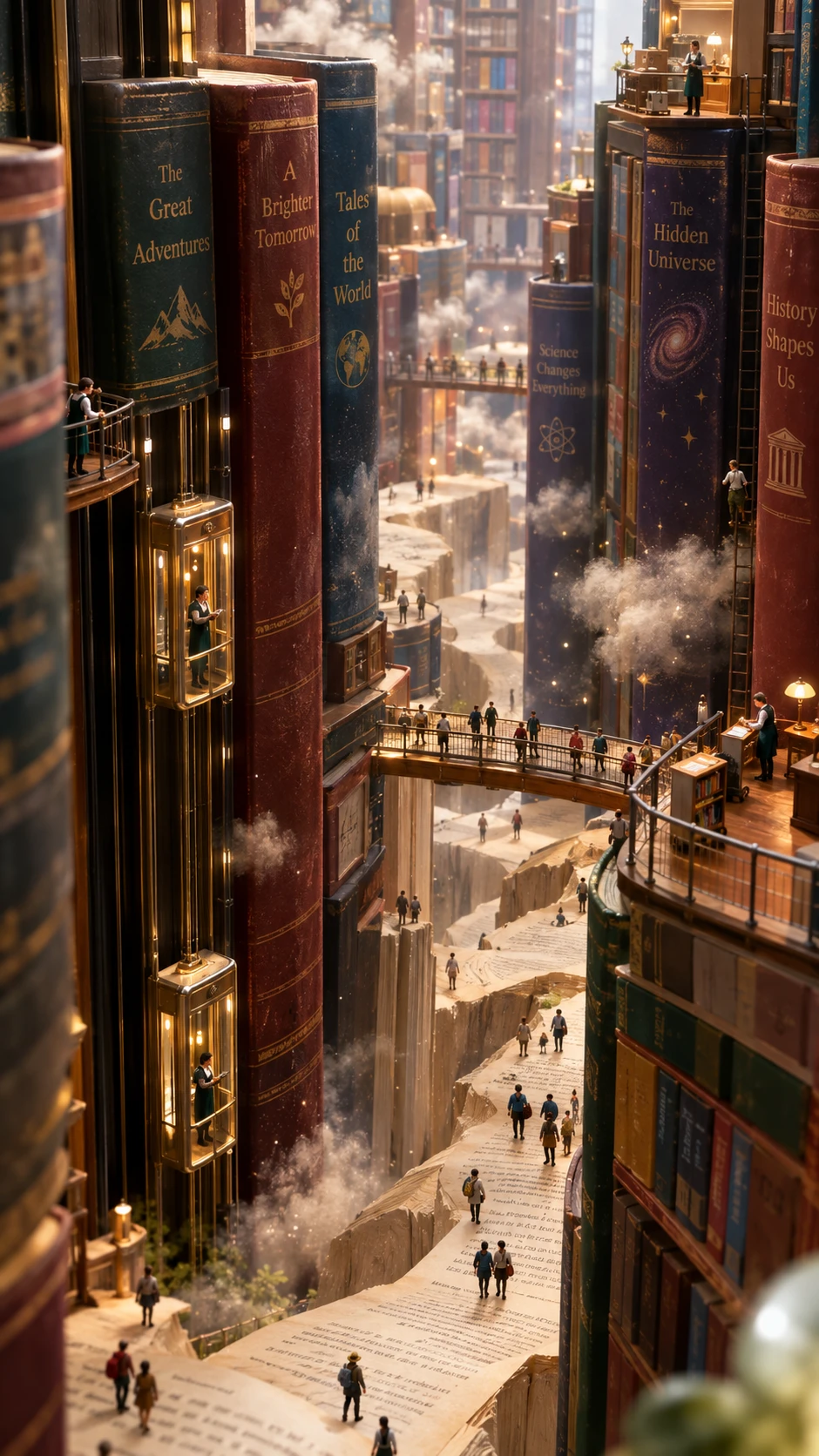Tiny people exploring towering book skyscrapers in a bookstore
