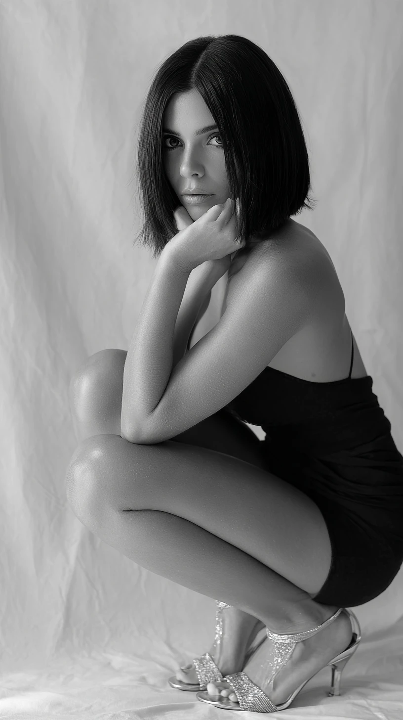 Retrato minimalista en estudio de una mujer de moda sentada