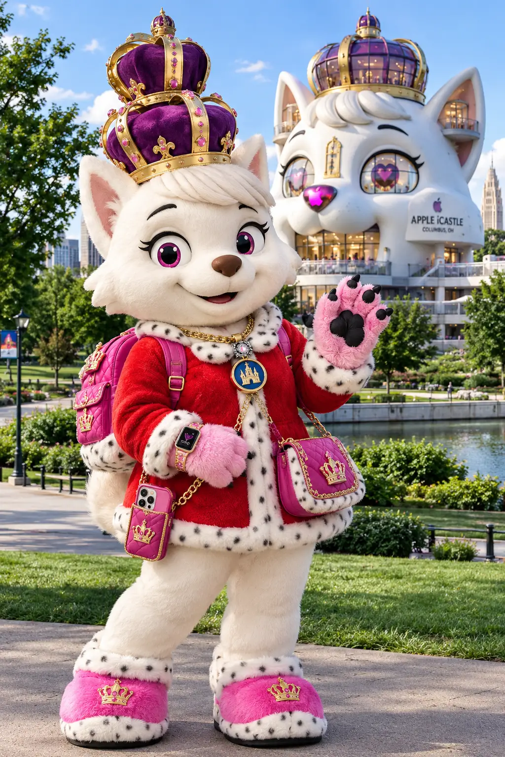 Mascota de perro reina de pie con traje de princesa