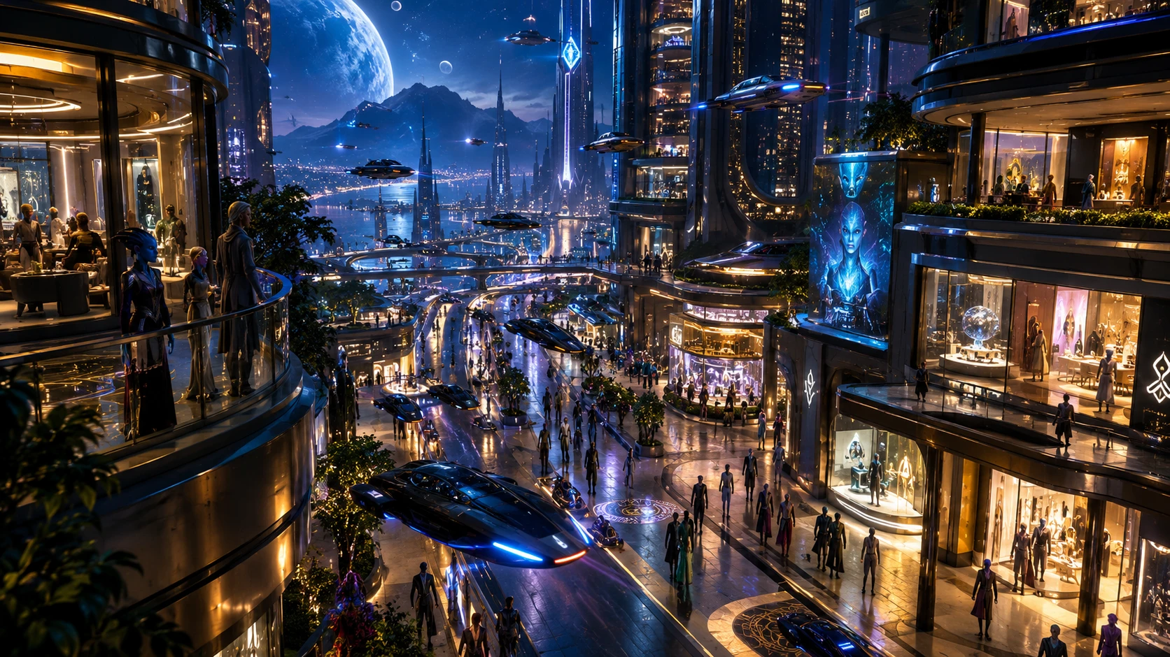 Futuristic alien city at night with flying vehicles