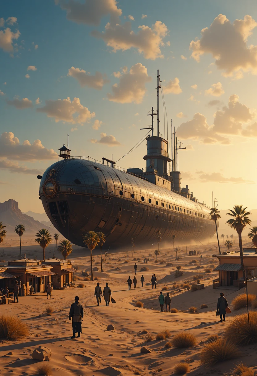 Victorian submarine marooned in a desert at warm sunset