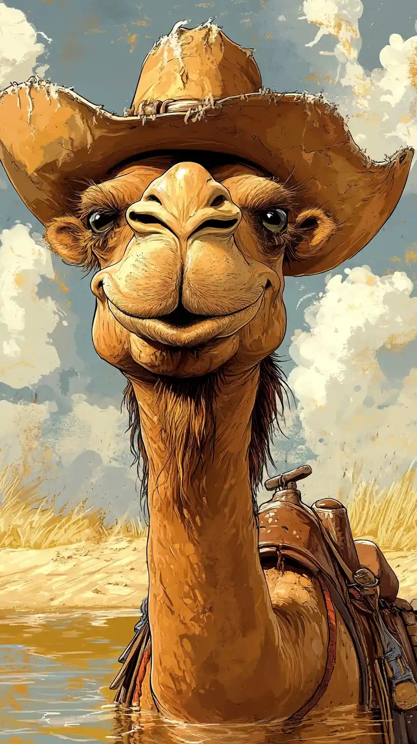 Cartoon cat in a cowboy hat laughing in moonlit desert