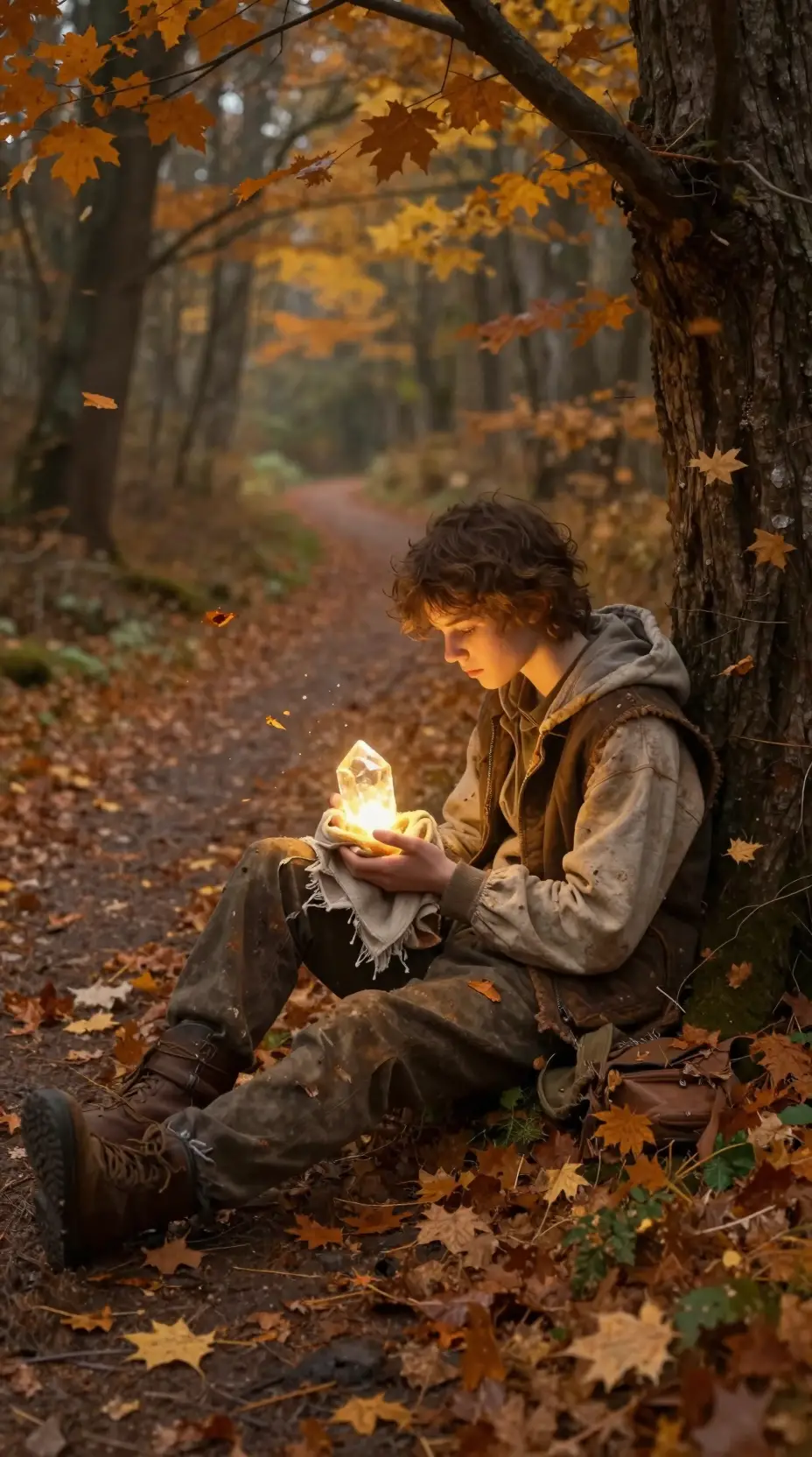 Young traveler resting on an autumn forest path