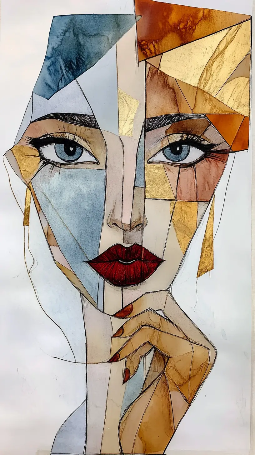 Cubist watercolor portrait of a woman with geometric face