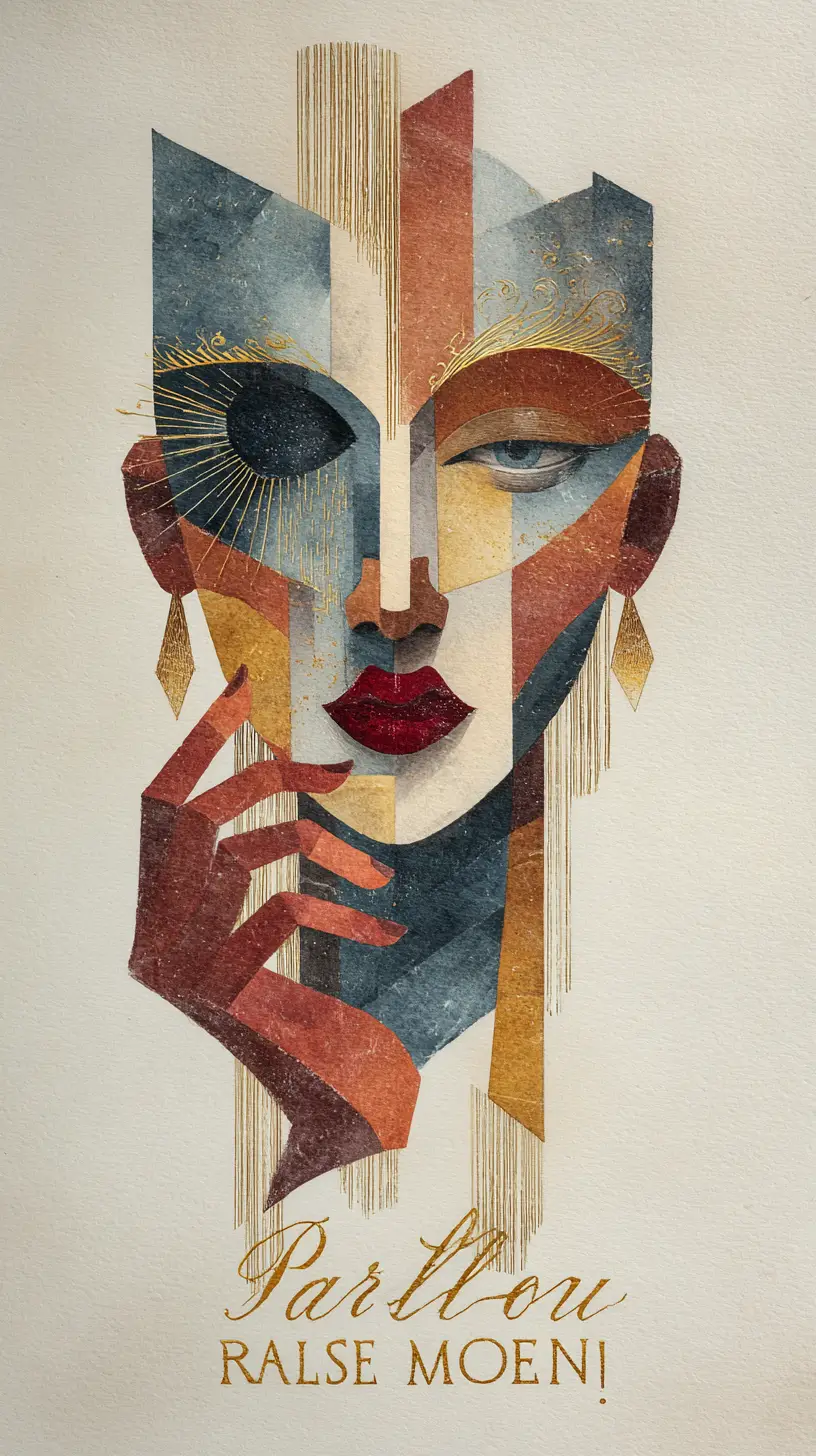 Cubist mixed media portrait of a woman with geometric face