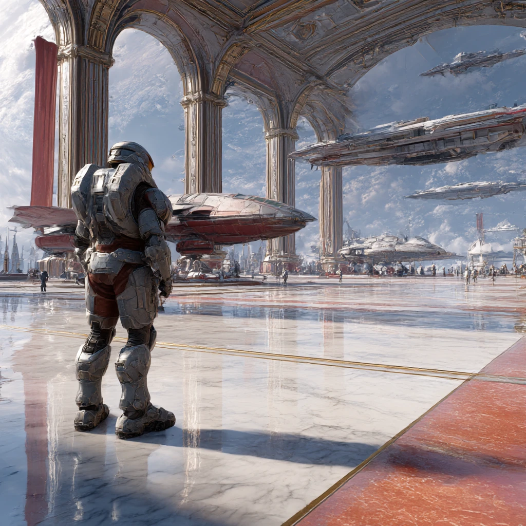 Guerreiro espartano guardando um vasto porto espacial futurista de mármore