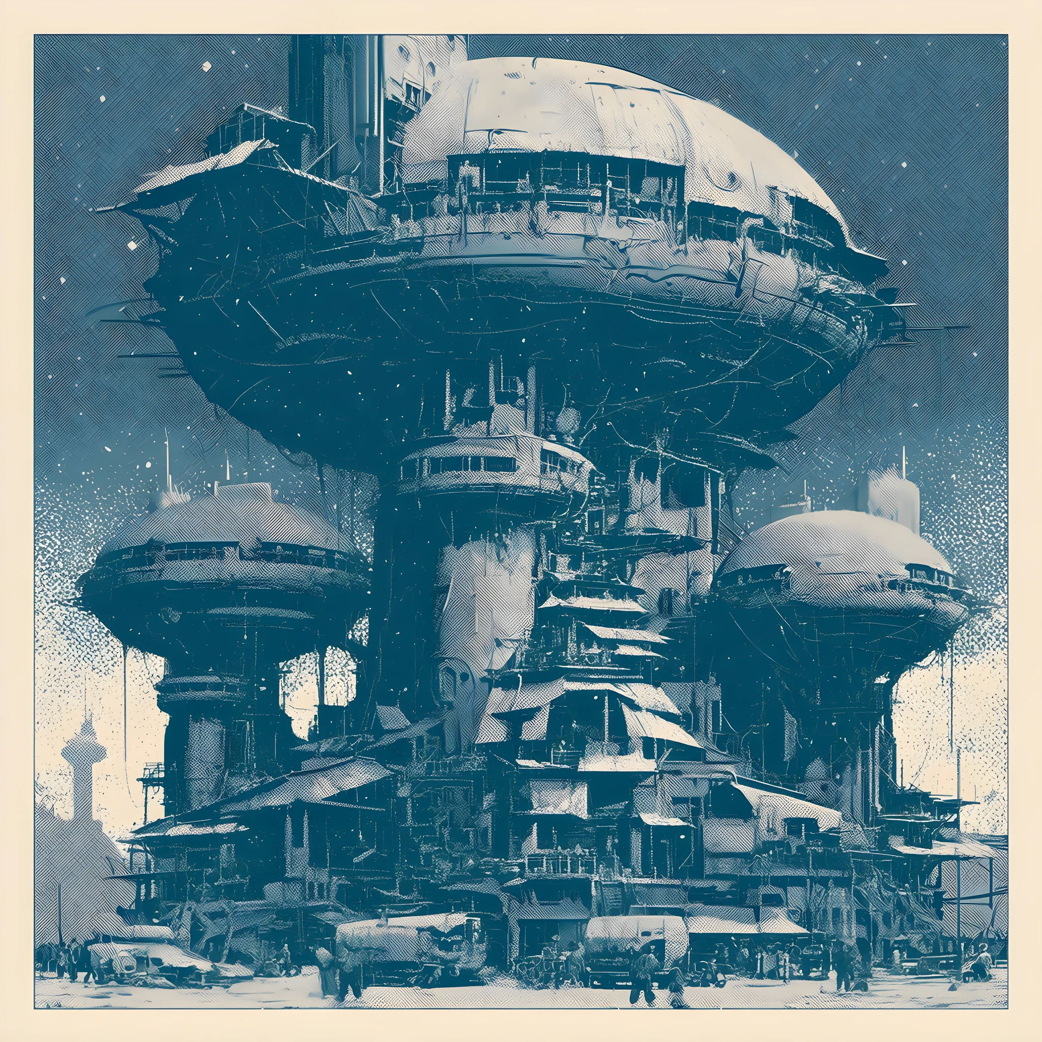 Cidade sci-fi de meio do século com prédios futuristas imponentes