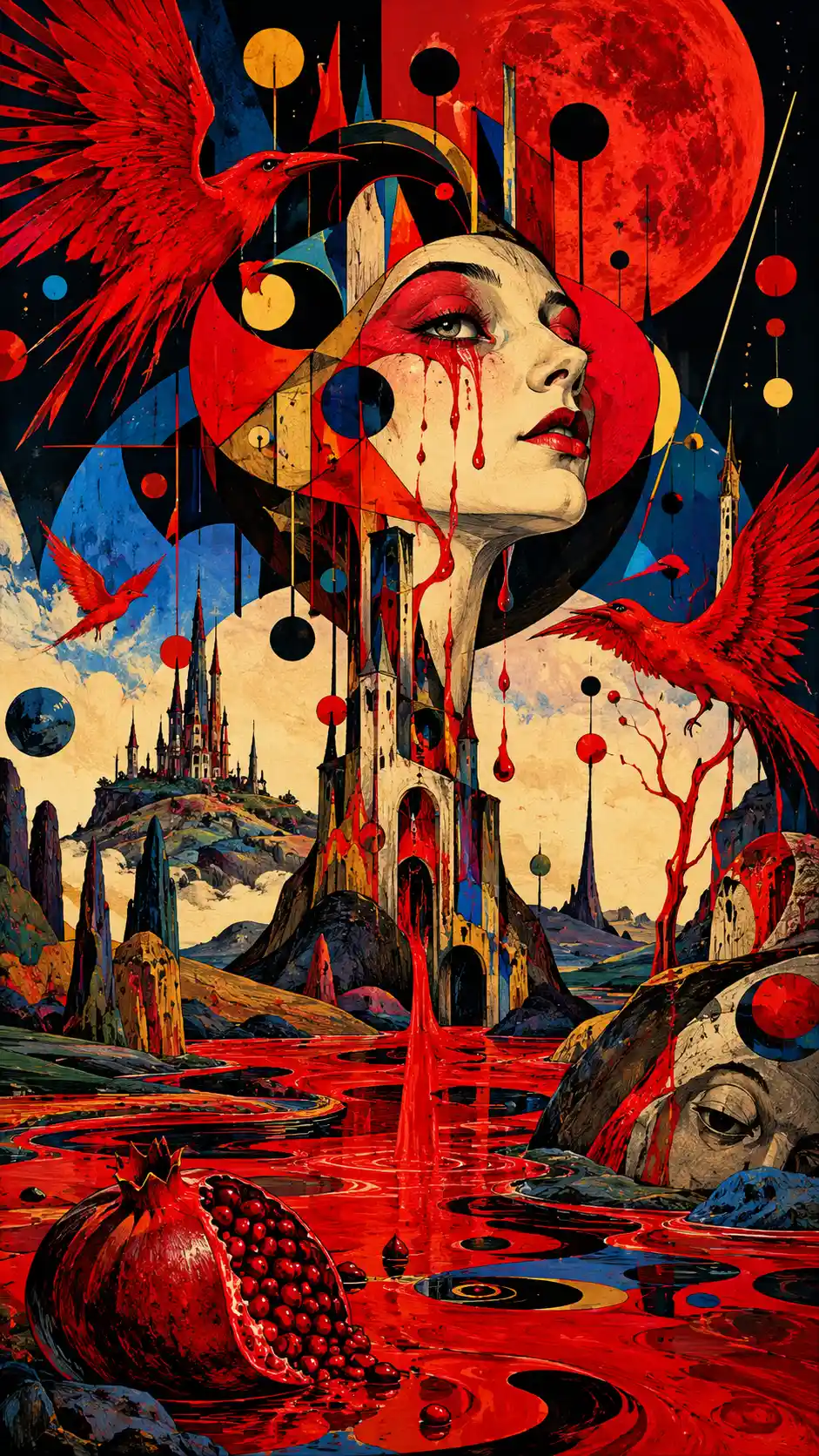 Surreal blood red abstract scene with mystical vibrant shapes