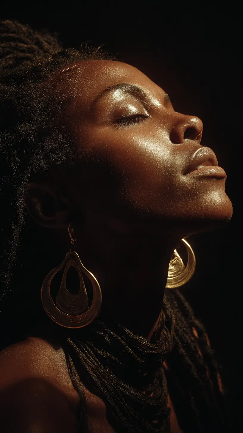 Close up portrait of a serene Black woman in profile
