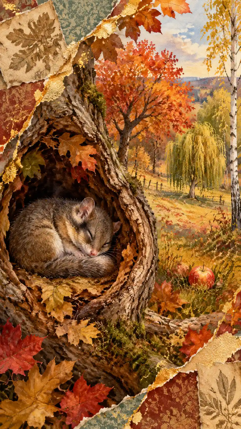 Sleeping dormouse in an autumn orchard tree hollow collage