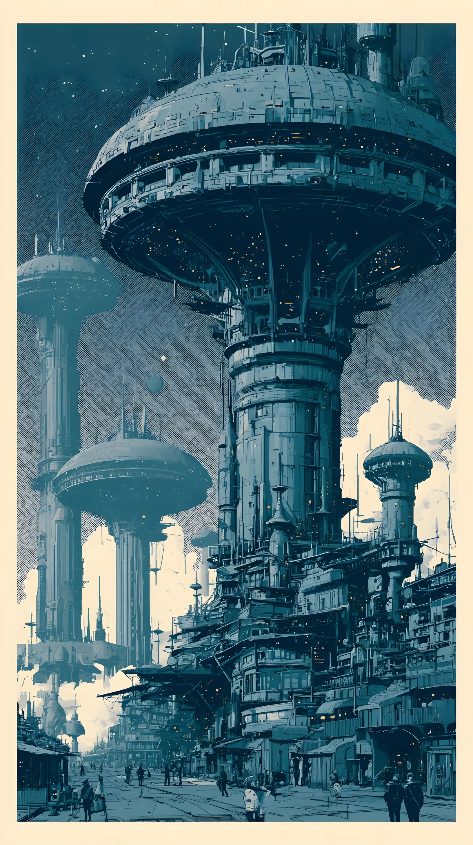 Mid century sci fi city with towering futuristic buildings