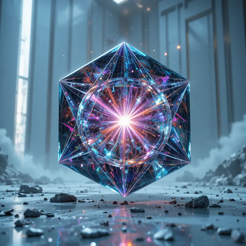Prisme tesseract surréaliste brillant dans un sombre vide cosmique