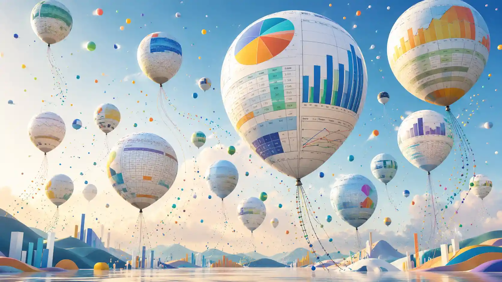 Palloni di dati fluttuanti sopra un paesaggio estivo astratto
