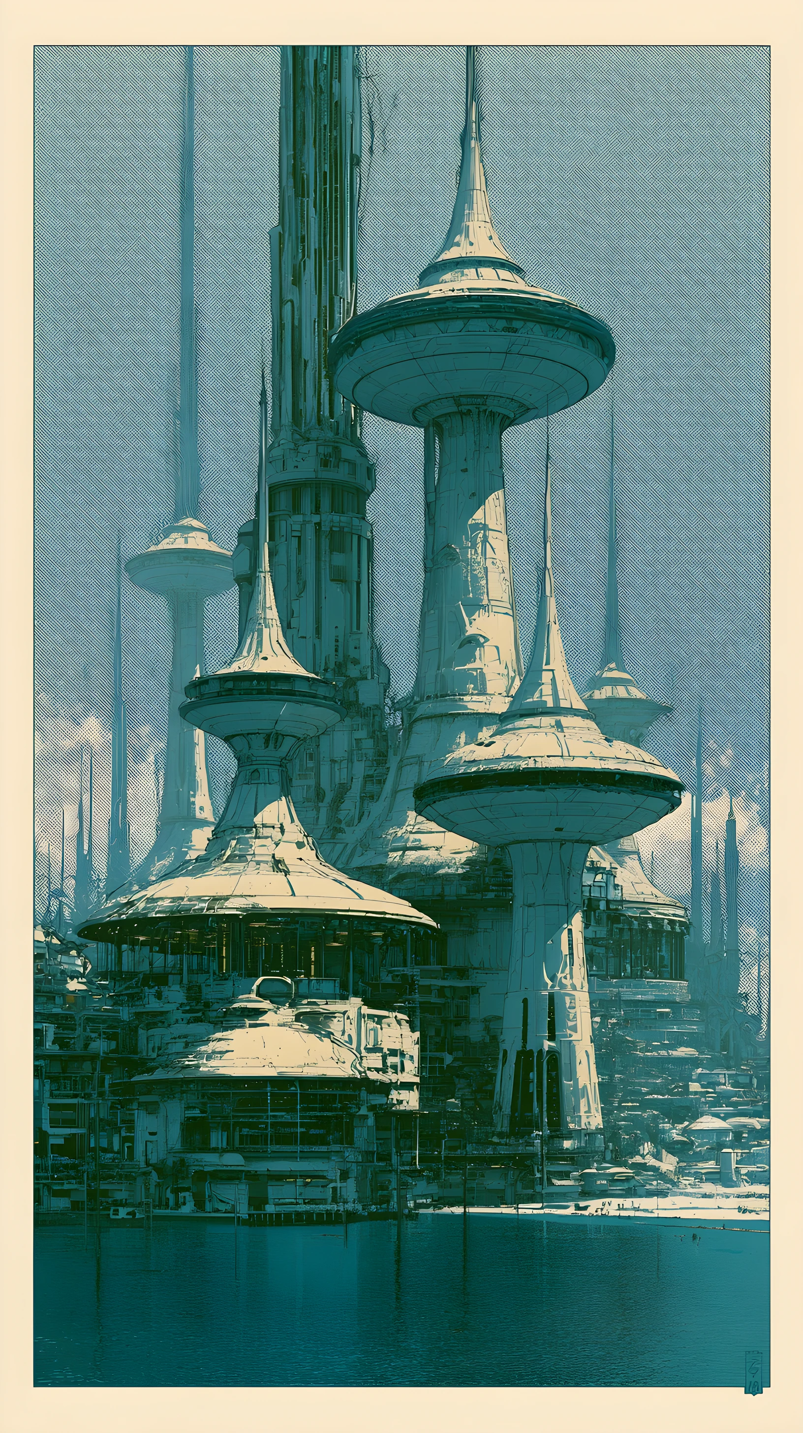 Paysage urbain sci‑fi mid‑century avec d’imposants bâtiments futuristes