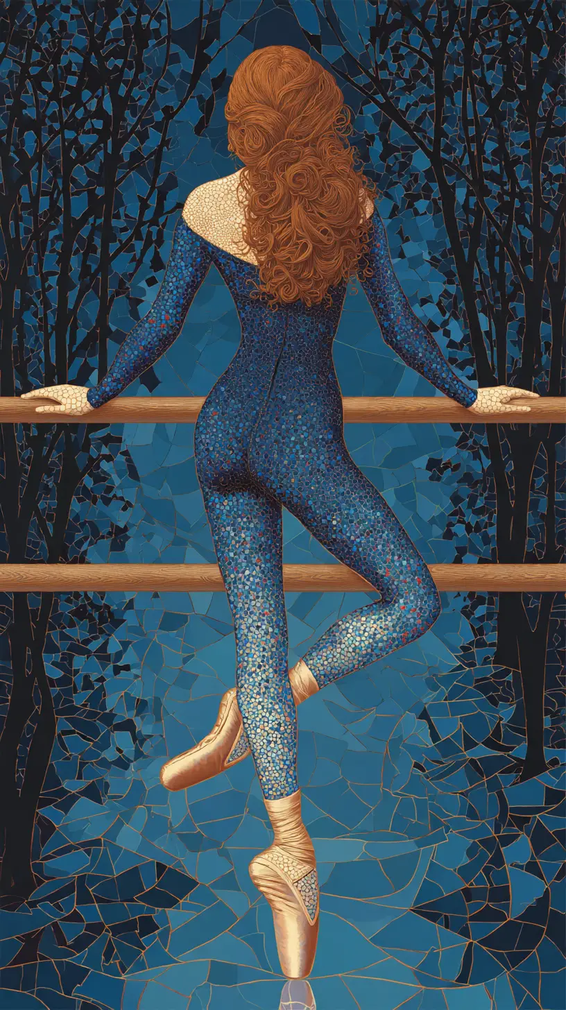 Graceful ballerina at barre in mosaic night forest