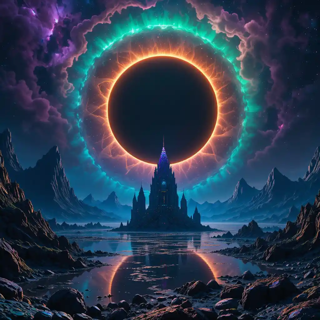 Neon eclipse over alien mountains and reflective cosmic landscape