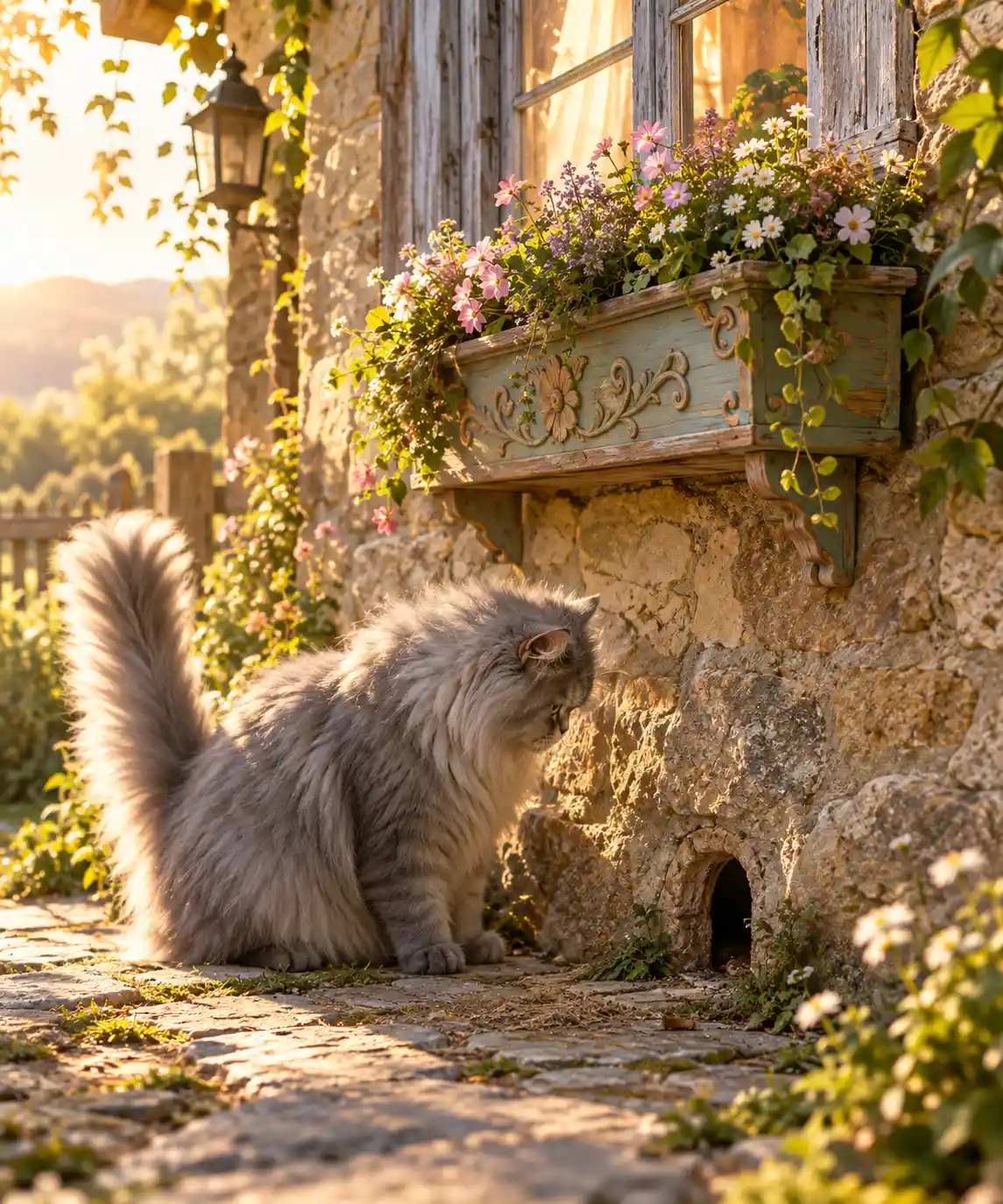 Persian cat watching a mouse hole by an old stone cottage