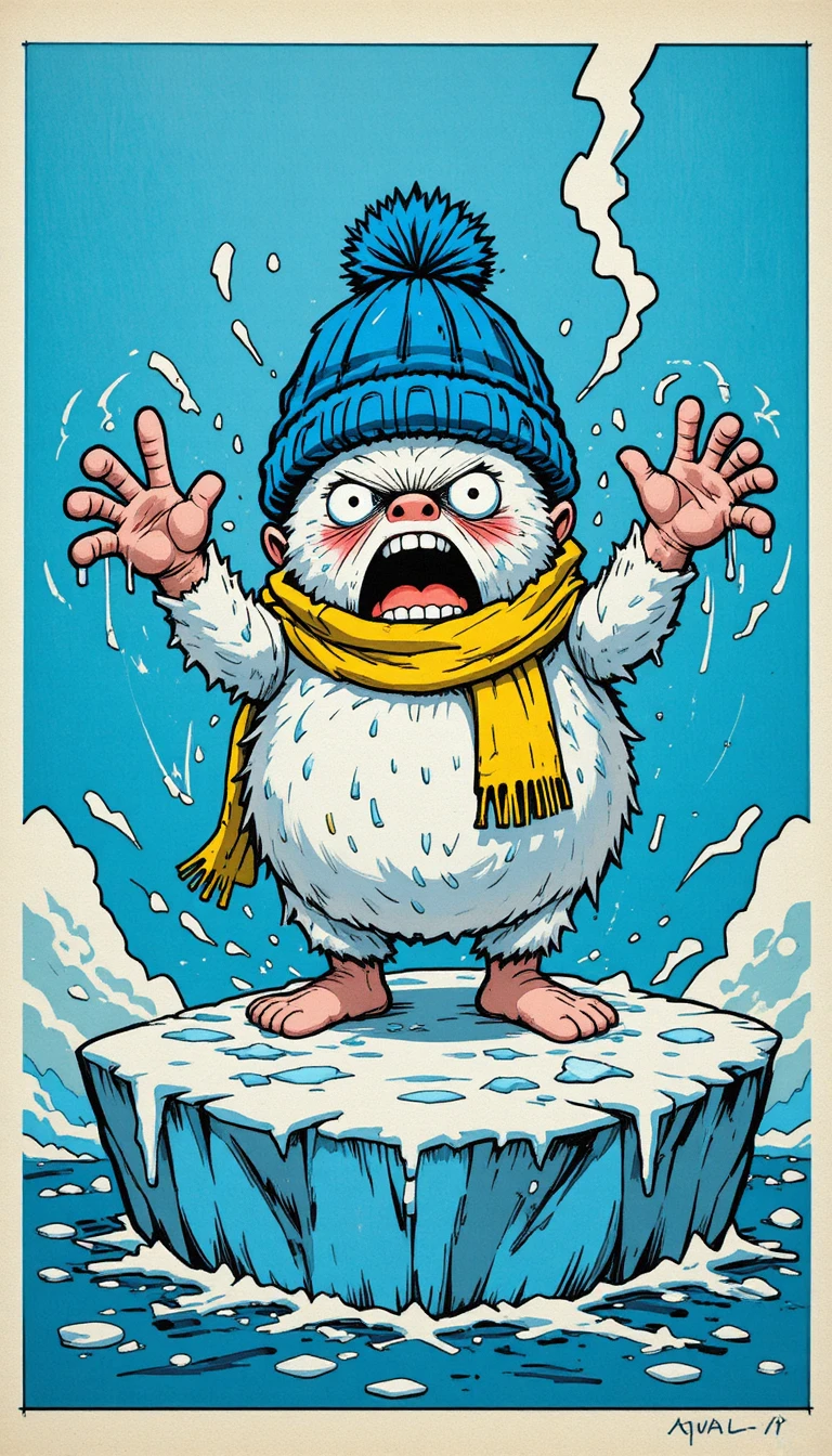 Zitternde Cartoon-Kreatur auf rissigem Eis im blauen Wasser
