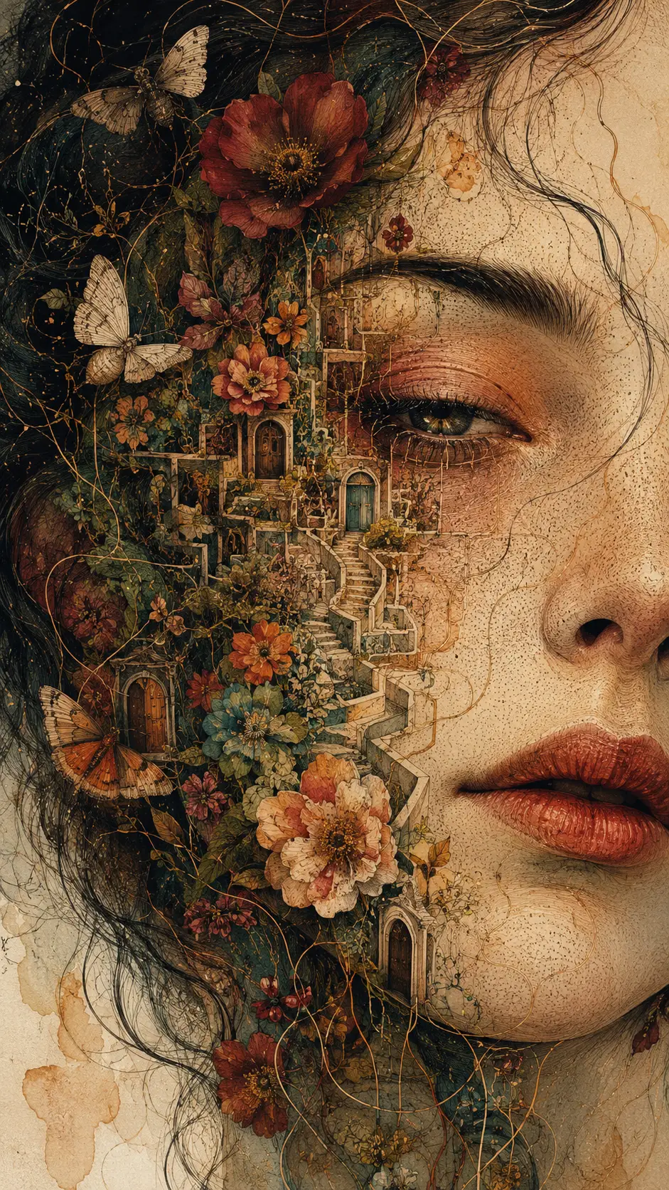 Surreal close up of a woman opening into a hidden garden