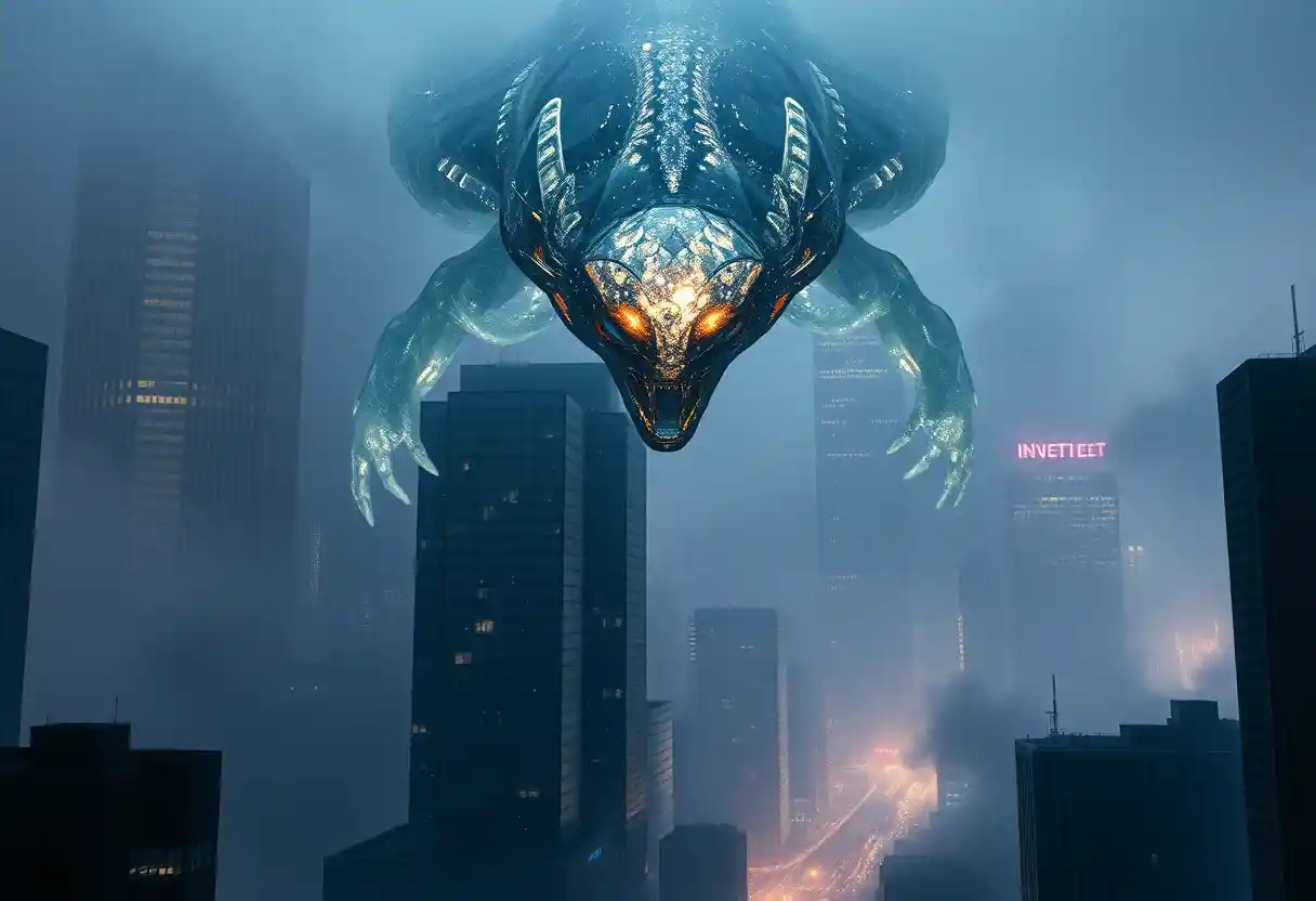 Colossal Alien Descends Over Foggy Sleeping Cityscape