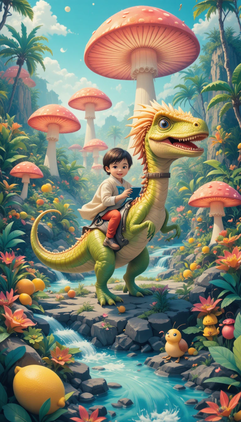 Child riding a feathered dinosaur in a candy jungle