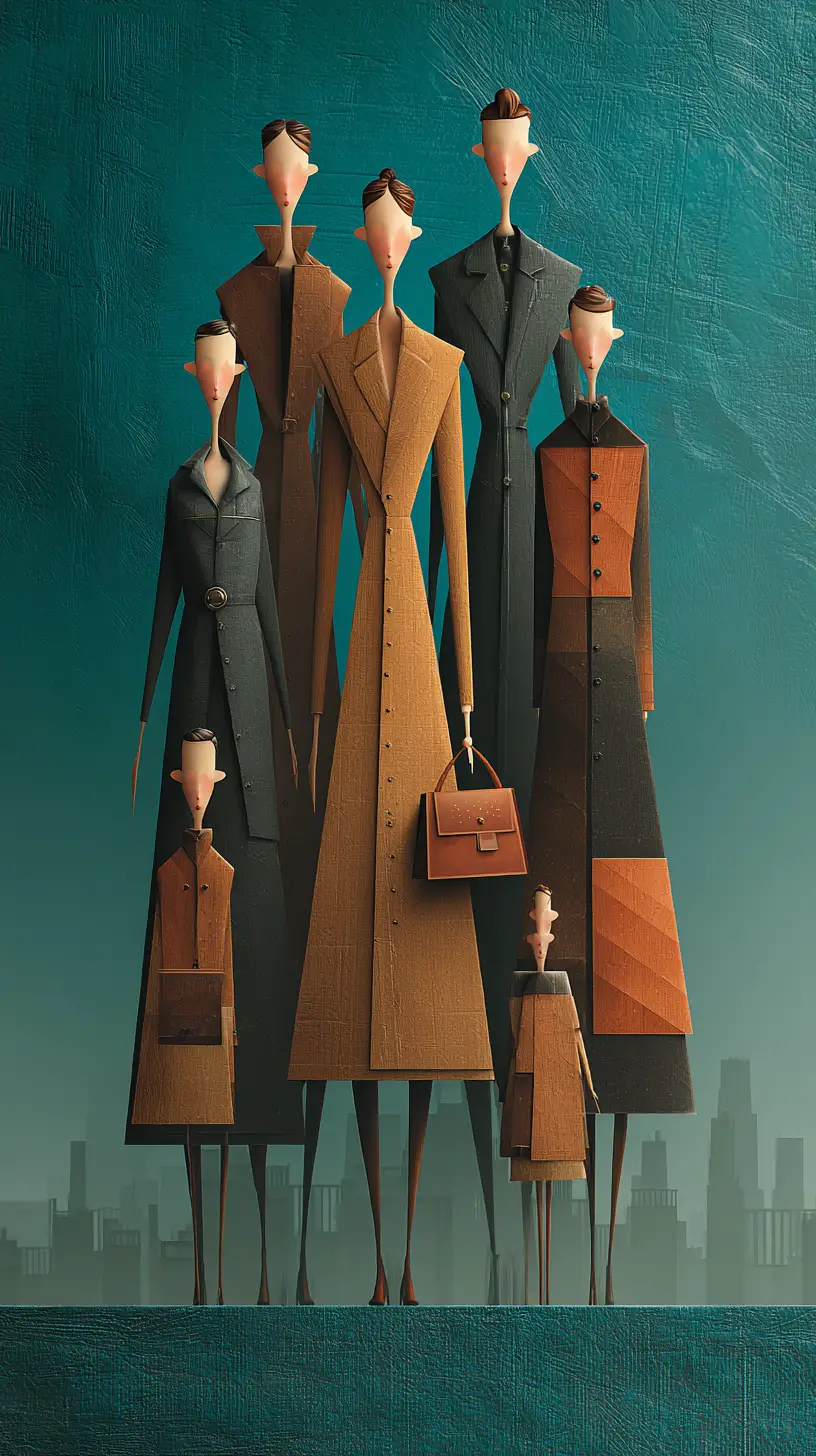 Elongated fashion models in geometric trench coats on teal stage