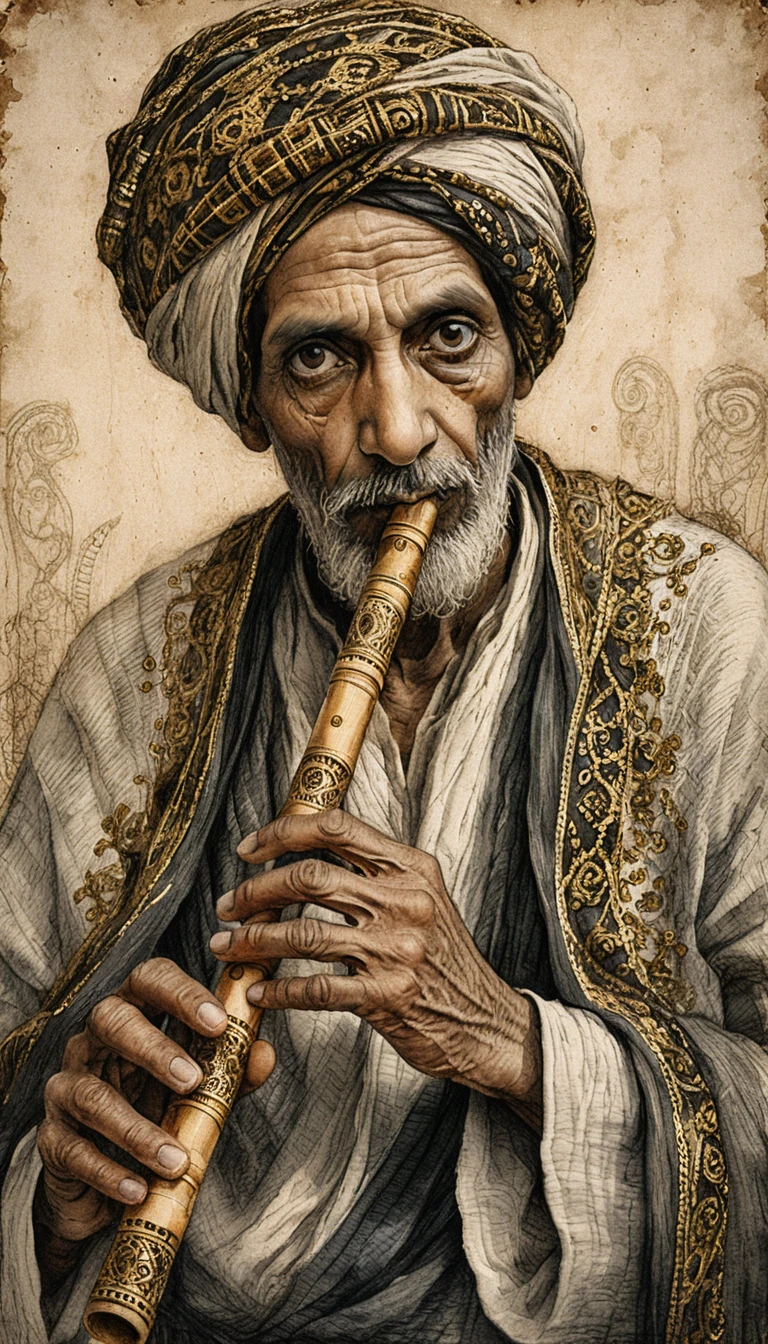 Old Egyptian man playing ornate bamboo wind instrument