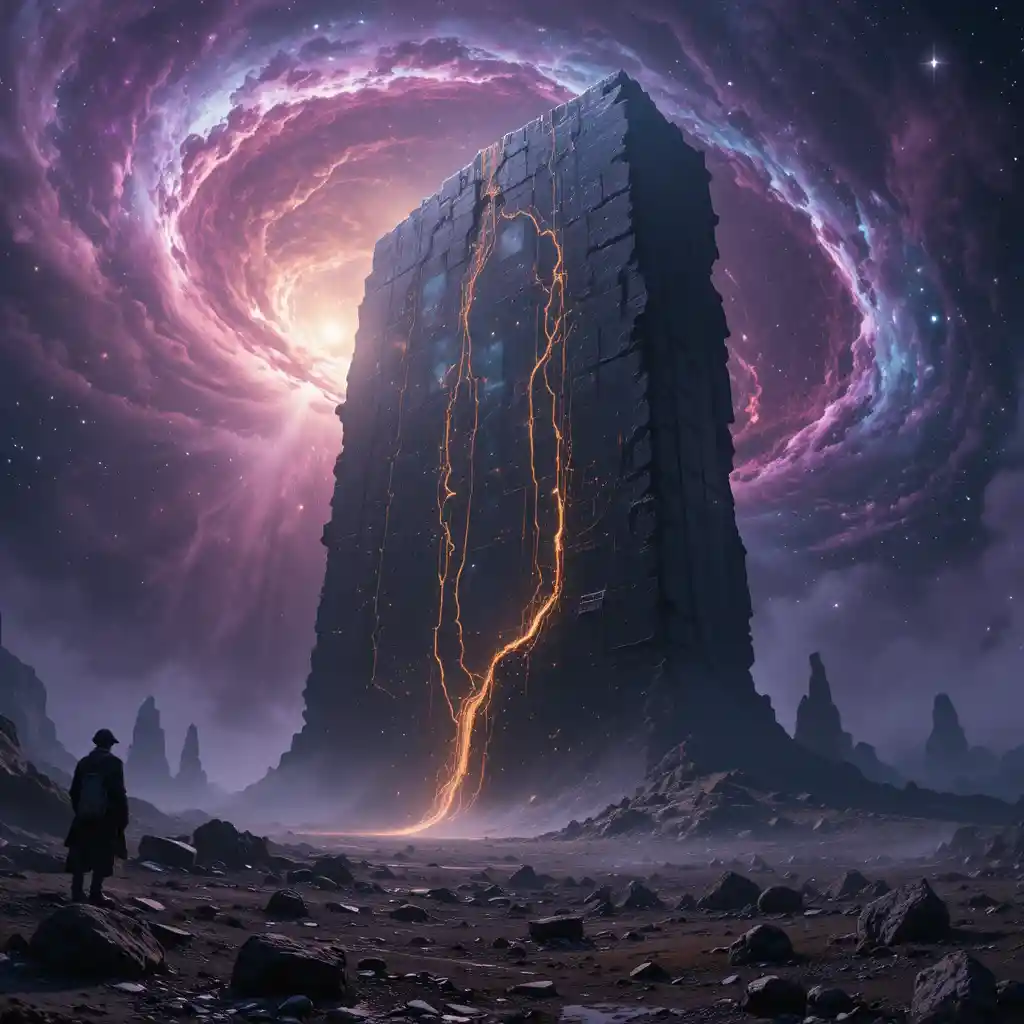 Colossal shattered monolith drifting in deep outer space