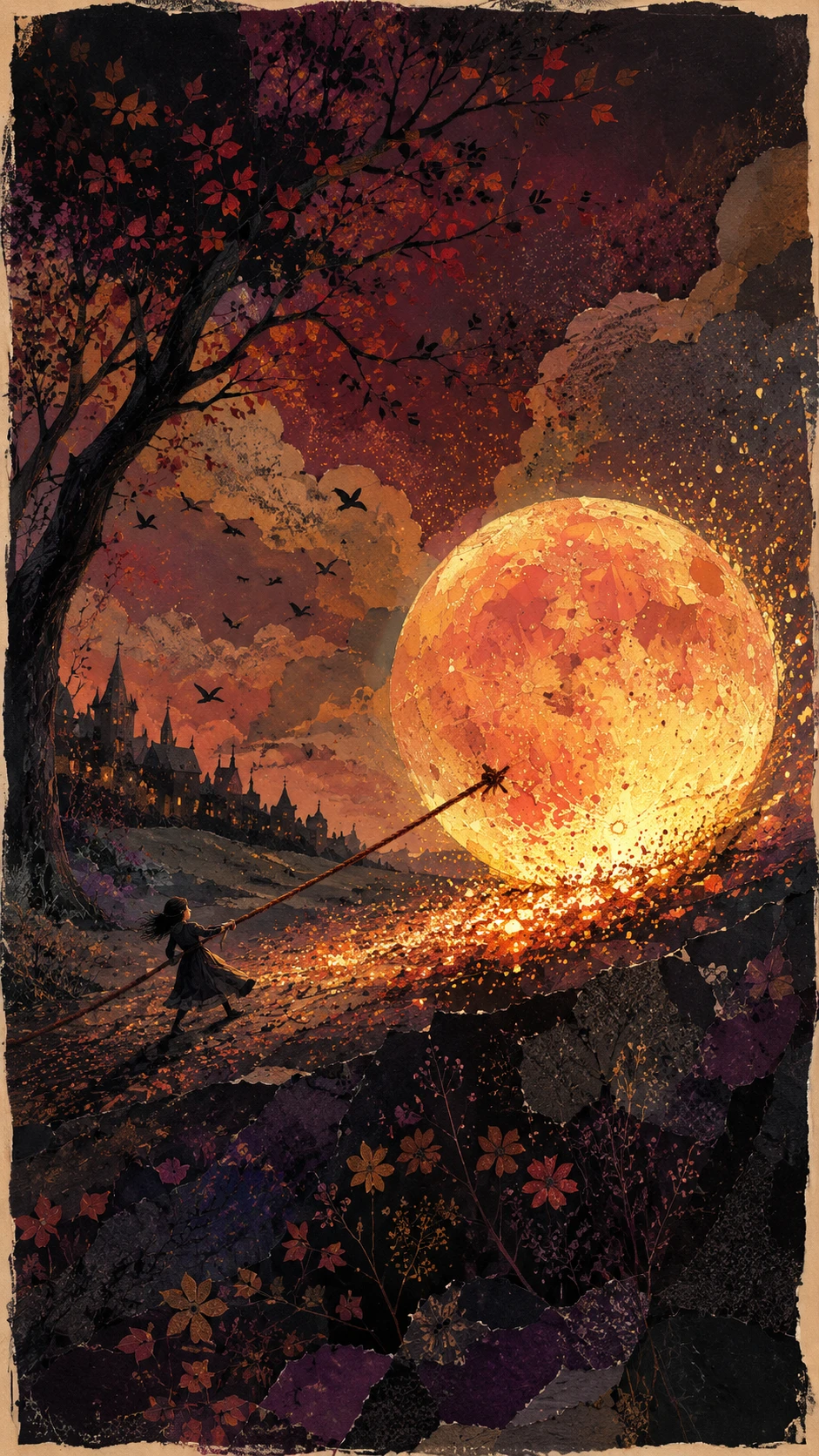 Tiny traveler hauling a glowing moon across autumn landscape